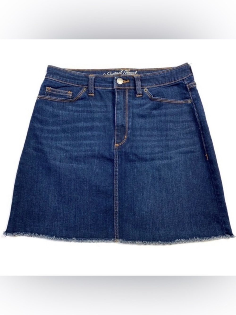 Universal Thread Denim A-Line Mini Skirt, Dark Wash, Raw Hem, Size 4